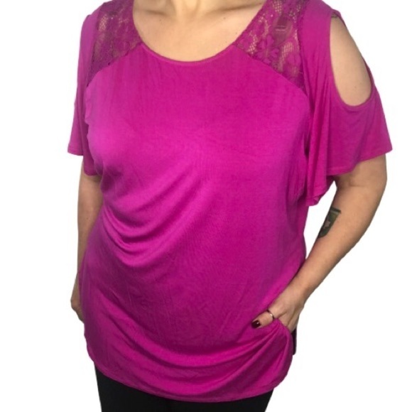 Bianca Nygard Cold Shoulder Raspberry Lace Top - Picture 2 of 8